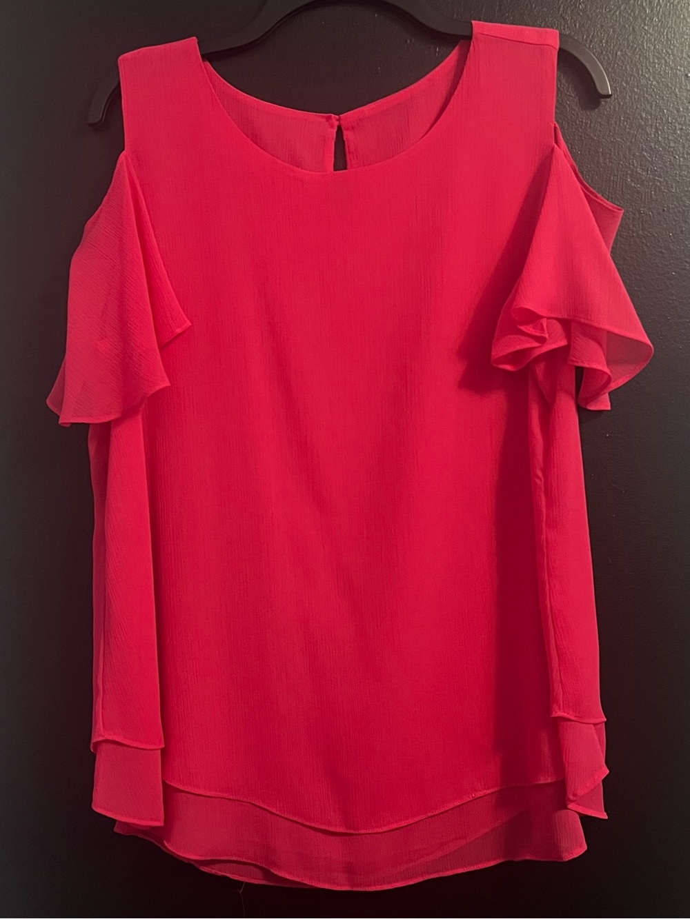 Hot Pink Cold-Shoulder Ruffle Sleeve Blouse